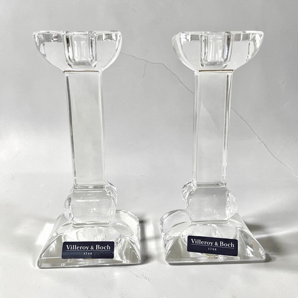 Vintage 2 VILLEROY & BOCH CRYSTAL CANDLESTICKS Square Design Elegant Collectible